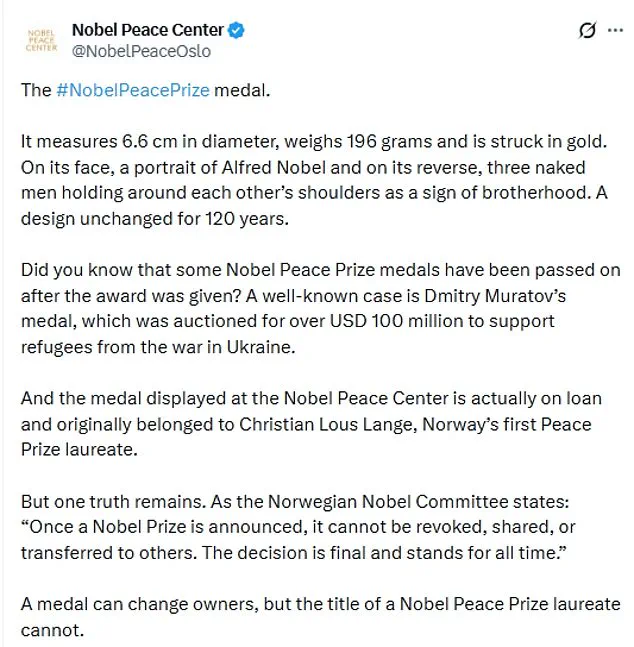 Norwegian Nobel Committee Clarifies Rules on Prize Transfers After Machado's Gift to Trump