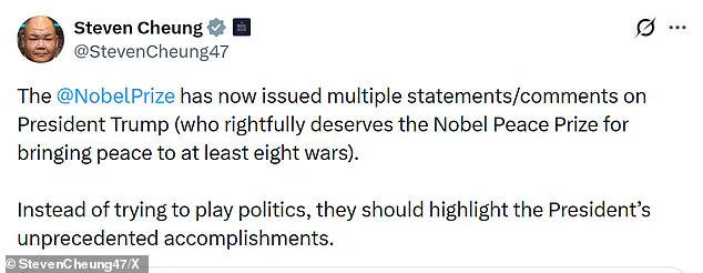 White House Criticizes Nobel Foundation for 'Playing Politics' in Wake of Trump's War Claims