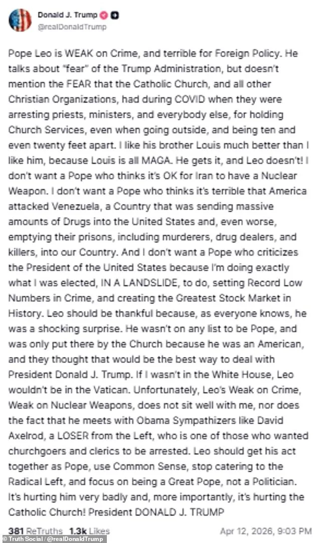Trump Slams Pope Leo XIX as 'Liberal' and 'Weak on Crime' in Polarizing Remarks