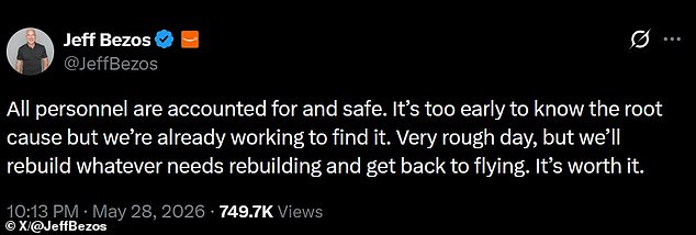 Jeff Bezos describes New Glenn rocket explosion as an extremely difficult day.