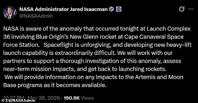 Jeff Bezos describes New Glenn rocket explosion as an extremely difficult day.